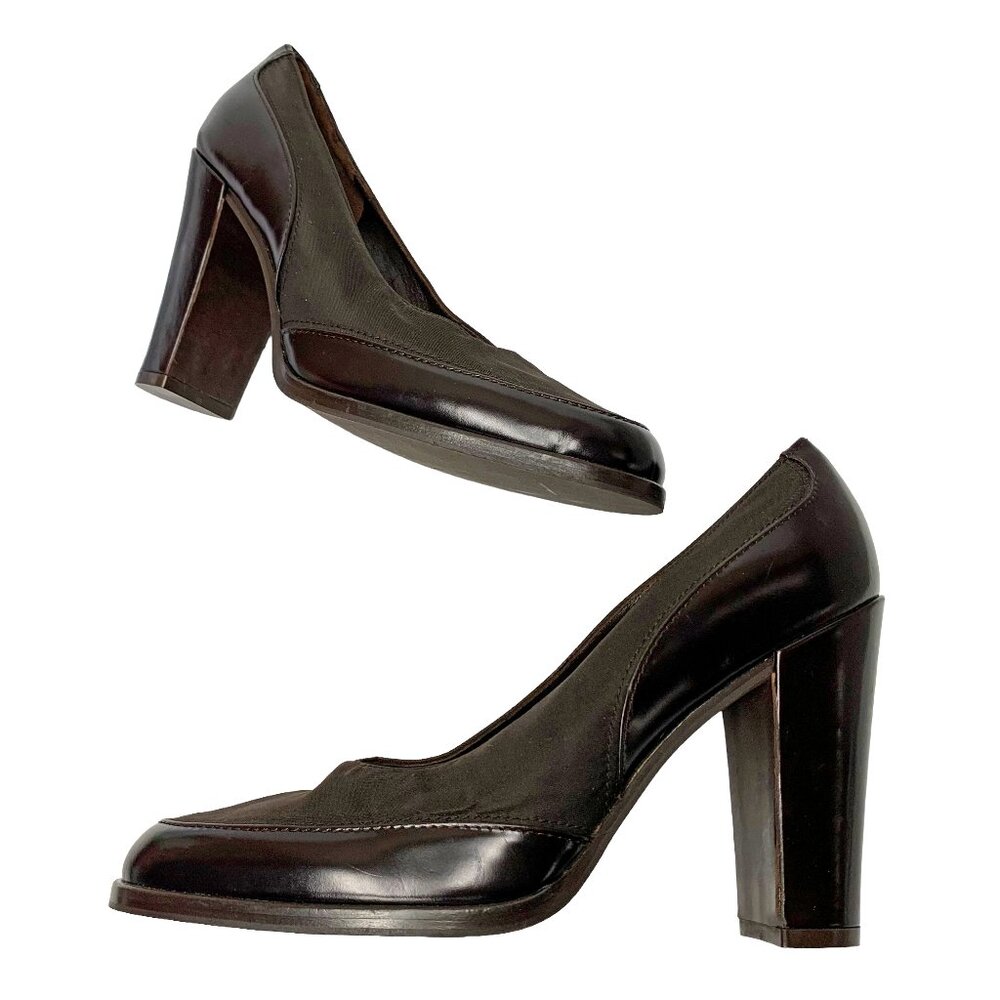 VIA SPIGA Neiman Marcus Brown‎ Textile Leather Block Heel Pumps